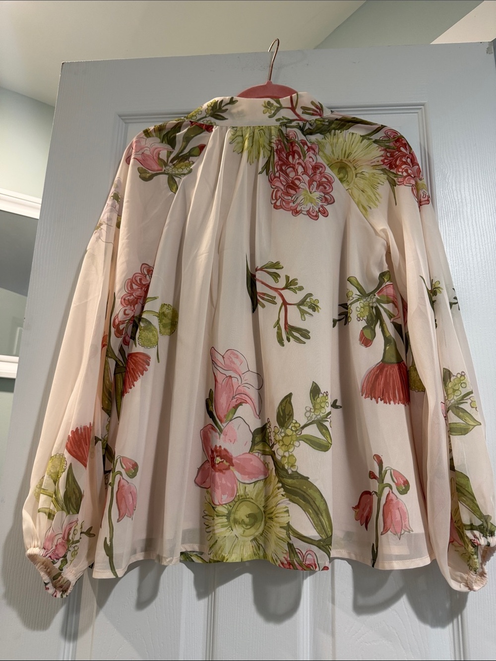 Petal & Pup Sheer Floral Button-Front Blouse in Cream, Pink & Green - Picture 8 of 11